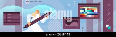 designer drawing with pen in graphic editor arabic man creating website user interface graphic design UI creative service Stock Vector