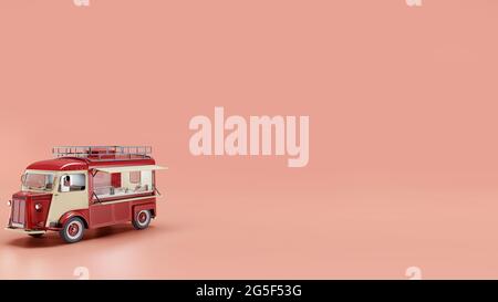 Red food truck with orange background . Stock Photo