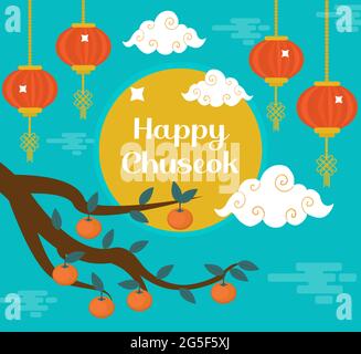 Happy Chuseok, Mid autumn festival card, poster template for your design. Persimmons Tree Branch, Korean Thanksgiving and Harvest Festival. Vector Stock Vector