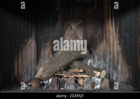 Fireplace off. Ready for fire. Stock Photo