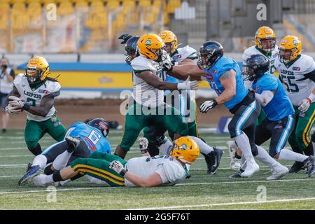 Poland. 26th June, 2021. European League of Football: Panthers Wroclaw (blue shirts) vs Leipzig Kings (white shirts) at the Olympic Stadium in Wroclaw, Poland on June 26th 2021 Credit: Piotr Zajac/Alamy Live News Stock Photo