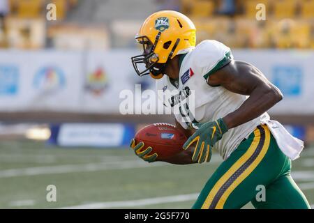 Poland. 26th June, 2021. European League of Football: Panthers Wroclaw (blue shirts) vs Leipzig Kings (white shirts) at the Olympic Stadium in Wroclaw, Poland on June 26th 2021 Pictured: Anthony Dablé (11) from Leipzig Kings Credit: Piotr Zajac/Alamy Live News Stock Photo