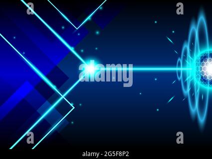 Abstract neon background. Laser is shooting to the circle-hexagon shape. Blue screen for technology futuristic Stock Vector
