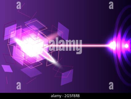 Abstract neon background. Laser is shooting to the cube explosion. Purple screen for technology futuristic Stock Vector