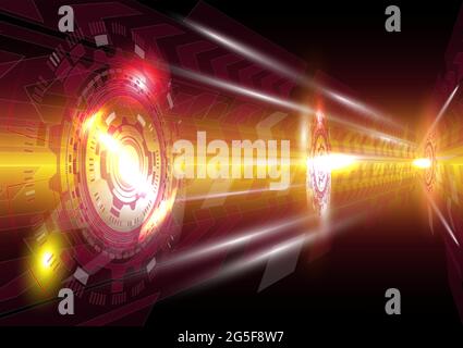 Perspective speed arrow and glowing HUD circle. Abstract futuristic technology background Stock Vector