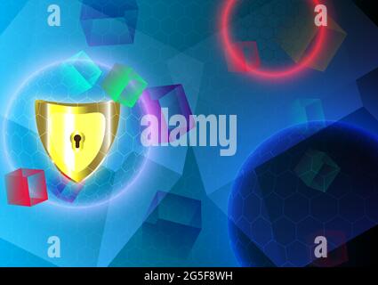 Golden shield, sphere and cube. Protect and scurity of safe concept. Abstract background Stock Vector