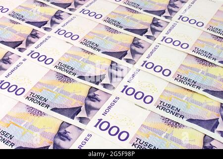 Norwegian Tusen Kroner currency notes in a grid pattern Stock Photo