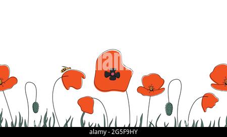 Seamless border of poppies hand drawn in simplified children cartoon naive style on white background.Cute bee sitting on flower.For design of website Stock Vector
