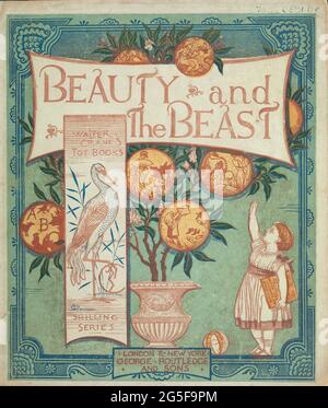 book cover of ' Beauty and the beast ' by Walter Crane, Edmund Evans, Published in London & New York by George Routledge and Sons in 1874. Beauty and the Beast (French: La Belle et la Bête) is a fairy tale written by French novelist Gabrielle-Suzanne Barbot de Villeneuve and published in 1740 in La Jeune Américaine et les contes marins (The Young American and Marine Tales). Its lengthy version was abridged, rewritten, and published by Jeanne-Marie Leprince de Beaumont in 1756 in Magasin des enfants (Children's Collection) to produce the version most commonly retold and later by Andrew Lang in Stock Photo