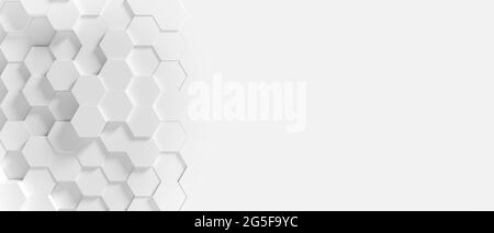 Panoramic Wall of Random shifted white honeycomb hexagon background wallpaper with copy space. 3d rendering. Stock Photo