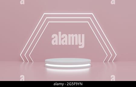 Cylinder podium with reflecting lights for product display with hexagonal wall pink background. Empty pedestal or platform. 3D Rendering. Stock Photo