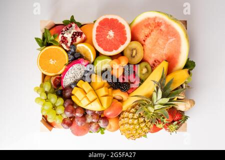 The set of tropical fruits stacked for delivery Stock Photo