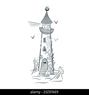 Lighthouse with Ivy Engraving Style Line Art. Hand drawn magic beacon isolated vector illustration for logo, tattoo, emblem, sticker, poster, t-shirt, template, print, textile Stock Vector