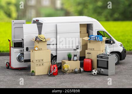 Delivery van full of household staff, boces and appliances. Moving to new house and family relocation concept. 3d illustration Stock Photo