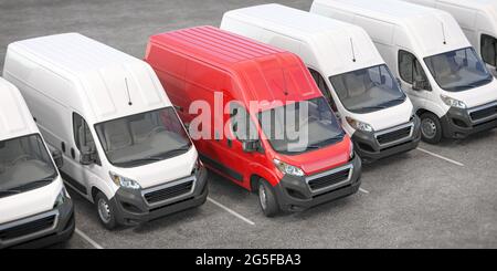 Red delivery van in a row of white vans. Best express delivery and shipemt service concept. 3d illustration Stock Photo