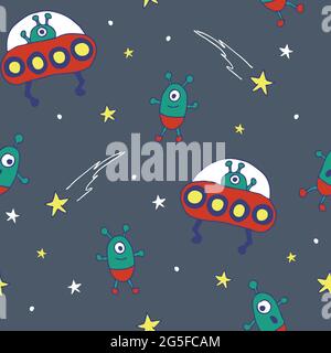Seamless vector pattern with cartoon aliens on grey background. UFO spaceship wallpaper design for children. Retro universe fashion textile. Stock Vector