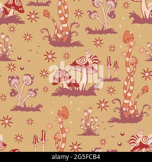 Seamless vector pattern with red mushrooms on pink background. Fantasy landscape wallpaper design. Ethnic fashion textile. Stock Vector