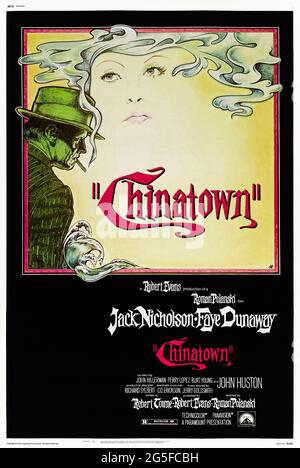 Chinatown (1974) directed by Roman Polanski and starring Jack Nicholson, Faye Dunaway and John Huston. A private detective hired to expose an adulterer finds himself caught up in a web of deceit, corruption, and murder. Stock Photo