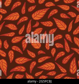 Seamless vector pattern with leaves on brown background. Simple nature wallpaper design. Autumn fashion textile texture. Stock Vector