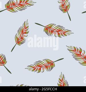 Seamless vector pattern with orange green feathers on light blue background. Gentle dream like wallpaper design. Stock Vector