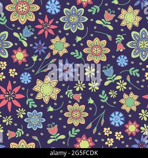 Seamless vector pattern with pastel flowers on blue background. Cute summer floral wallpaper design. Hippy ditsy fabric fashion style. Stock Vector