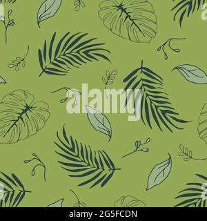 Seamless vector pattern with tropical leaves on green background. Simple palm leaf wallpaper design. Decorative summer floral fashion textile. Stock Vector