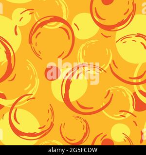 Seamless vector pattern with circle stain on yellow background. Artistic paint splatter wallpaper design. Modern blob texture fashion textile. Stock Vector