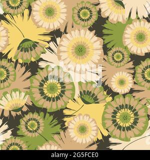 Seamless vector pattern with abstract daisy flowers on grey background. Soft pastel floral wallpaper design. Tie dye fashion textile. Stock Vector
