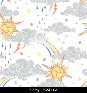 Seamless vector pattern with summer weather on white background. Simple sun and clouds wallpaper design. Decorative rainbow fashion textile. Stock Vector