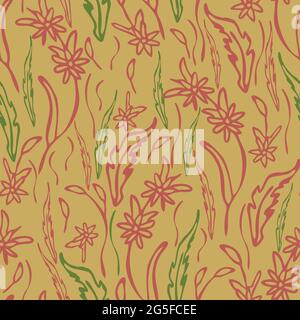 Seamless vector pattern with grass texture on light yellow background. Simple nature wallpaper design. Wildflower fashion textile. Stock Vector