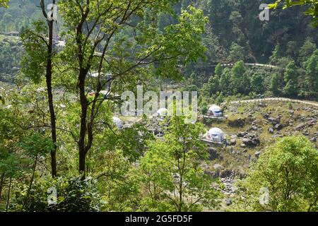 Ariel view of Igloo tent house home stay , on levees and green forest. Stock Photo