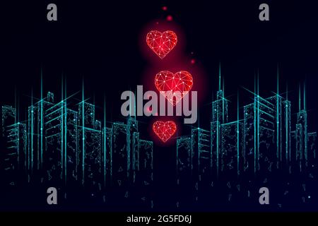 Internet dating app concept. 3D low poly cityscape skyscraper relationship symbol heart. Social media love date find couple service. Website romantic Stock Vector