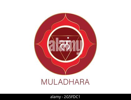 Muladhara chakra logo template. First root chakra symbol. Red sacral sign meditation, yoga round mandala icon vector isolated on white background Stock Vector