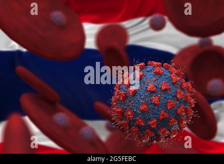 Virus and blood cells against flag of Thailand. 3d illustration. viral infection causing chronic disease. Hepatitis viruses, influenza virus H1N1, Cor Stock Photo