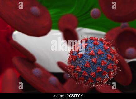 Virus and blood cells against flag of United Arab Emirates. viral infection causing chronic disease. Hepatitis viruses, influenza virus H1N1, Coronavi Stock Photo