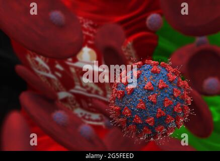 Virus and blood cells against flag of Afghanistan. 3d illustration. viral infection causing chronic disease. Hepatitis viruses, influenza virus H1N1, Stock Photo