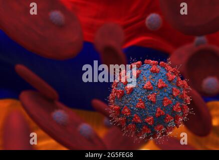 Virus and blood cells against flag of Armenia. 3d illustration. viral infection causing chronic disease. Hepatitis viruses, influenza virus H1N1, Coro Stock Photo