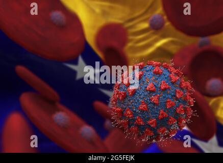 Virus and blood cells against flag of Bosnia and Herzegovina. viral infection causing chronic disease. Hepatitis viruses, influenza virus H1N1, Corona Stock Photo