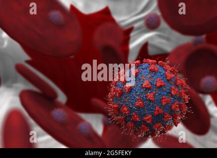 Virus and blood cells against flag of Canada. 3d illustration. viral infection causing chronic disease. Hepatitis viruses, influenza virus H1N1, Coron Stock Photo