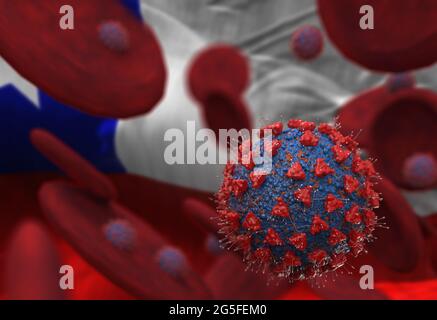 Virus and blood cells against flag of Chile. 3d illustration. viral infection causing chronic disease. Hepatitis viruses, influenza virus H1N1, Corona Stock Photo