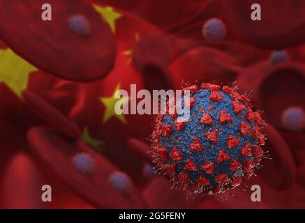 Virus and blood cells against flag of China. 3d illustration. viral infection causing chronic disease. Hepatitis viruses, influenza virus H1N1, Corona Stock Photo