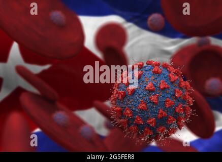 Virus and blood cells against flag of Cuba. 3d illustration. viral infection causing chronic disease. Hepatitis viruses, influenza virus H1N1, Coronav Stock Photo