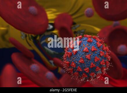 Virus and blood cells against flag of Ecuador. 3d illustration. viral infection causing chronic disease. Hepatitis viruses, influenza virus H1N1, Coro Stock Photo