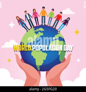 Illustration of world population day. Hands hold the earth. On the many peoples are standing. Background decorated with the clouds and stars in pink Stock Vector