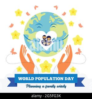 Illustration of world population day on the earth which is holds by hands and giving message of family planning with four people family. Stock Vector