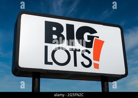 RACINE, WI, USA -  JUNE 19, 2021 - Big Lots retail discount store exterior sign and trademark logo. Stock Photo