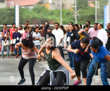 group of dancers performing Zumba during a marathon event at kochi ,Kerala , India Stock Photo