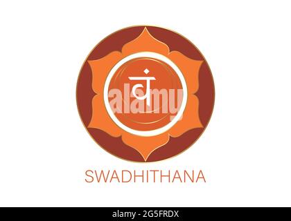 Second Swadhisthana chakra with the Hindu Sanskrit seed mantra Vam. Orange is a flat design style symbol for meditation, yoga. Round Logo template Vec Stock Vector