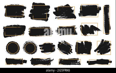 Grunge brush frames. Black paint stroke with golden border, ink brush texture frame. Abstract textured background for text vector set. Square, circle and rectangular shapes for logo Stock Vector