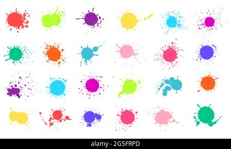 Paint splashes. Colorful liquid paints splatter. Colored ink drops, stains, blots. Abstract grunge color inkblot shape silhouette vector set. Bright watercolor collection isolated on white Stock Vector